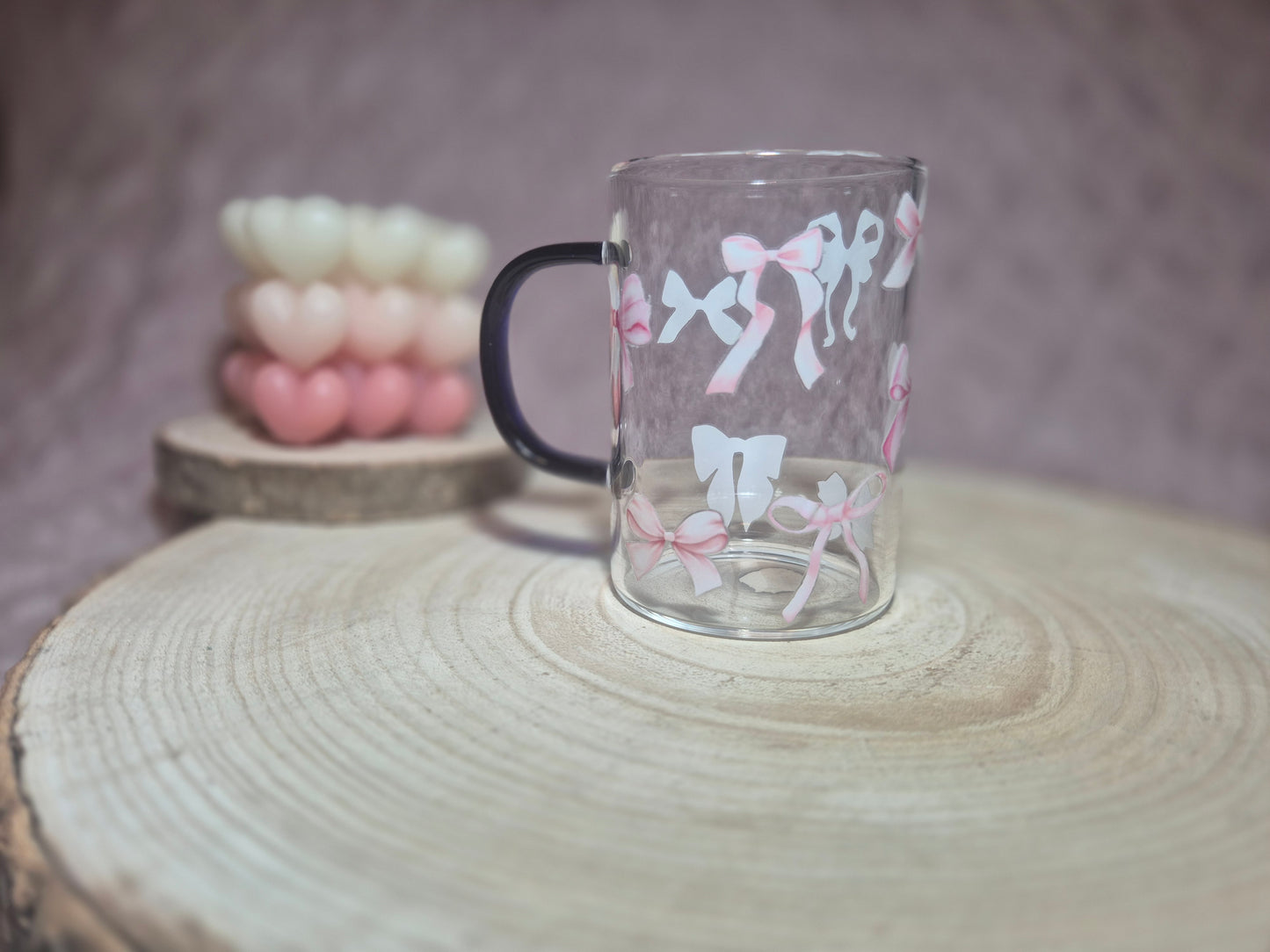 Glastasse blau/Lila Henkel Rosa Schleifen