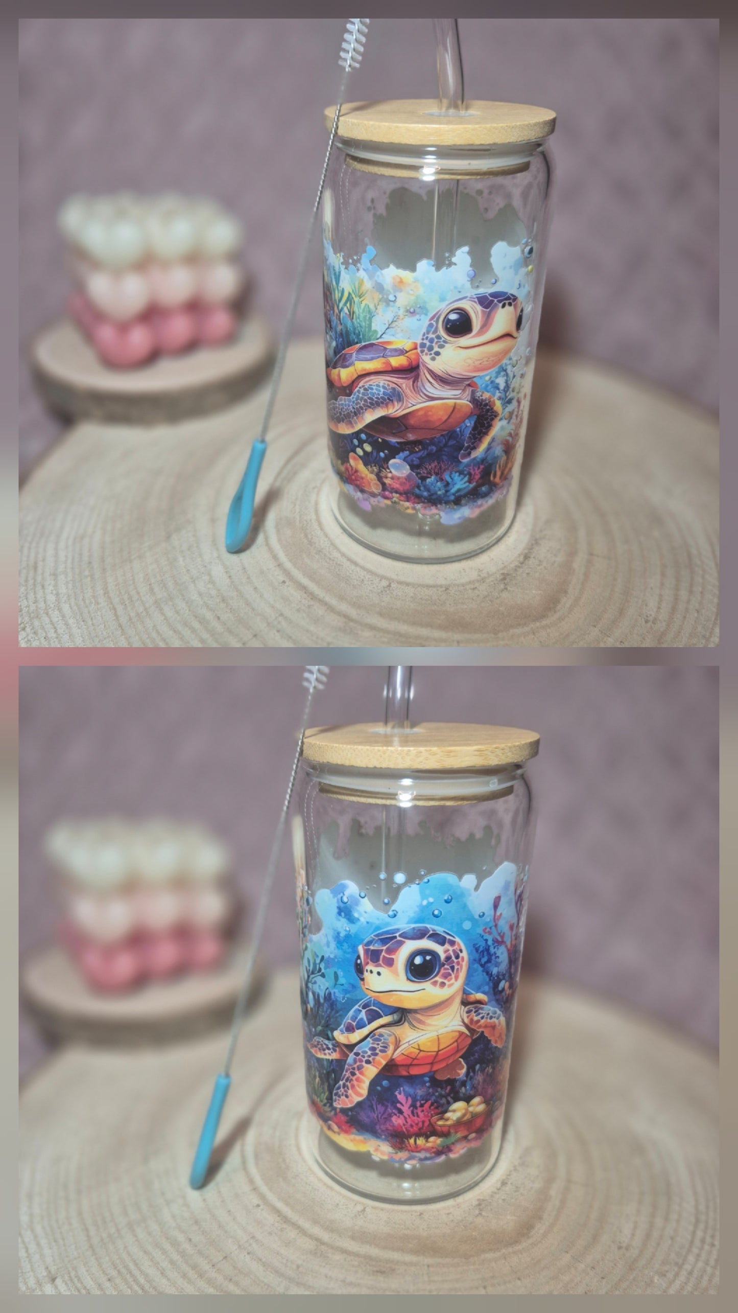 Glas mit Strohhalm Schildkröte blau